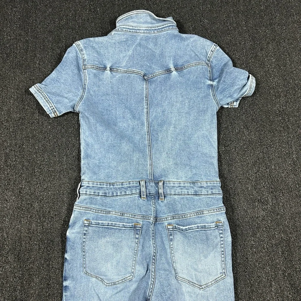 SER.O.YA Sorrento 148 Denim Jumpsuit Women XL Blue Excellent Flare Raw Hem Short